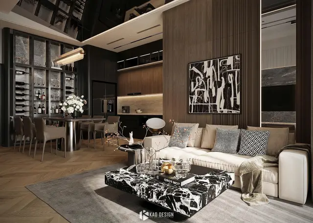 Phòng khách và bếp gói Luxury với tủ rượu kính