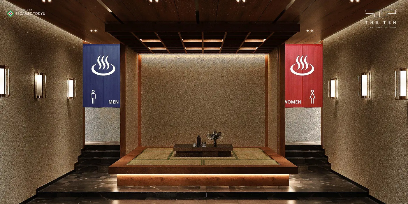 Sảnh Onsen phong cách Nhật với bàn trà thấp